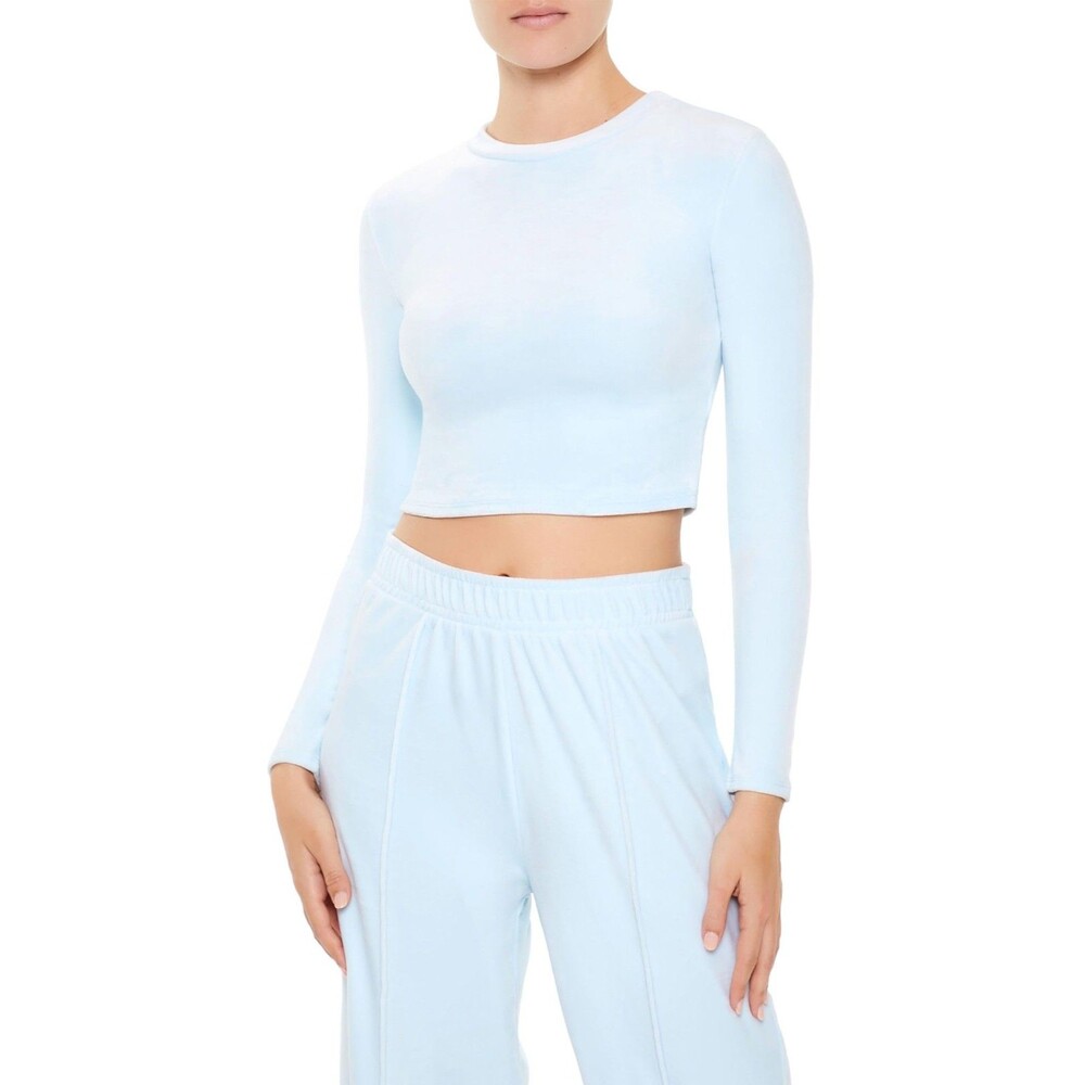 Forever 21 Women's Velour Long-Sleeve Crop Top Light Blue Crew Neck Size XL NWT